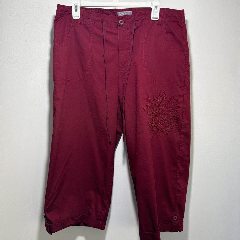 Laura Scott Womens Embroidery Size 14 Burgundy Cropped Pants Tie Waist
